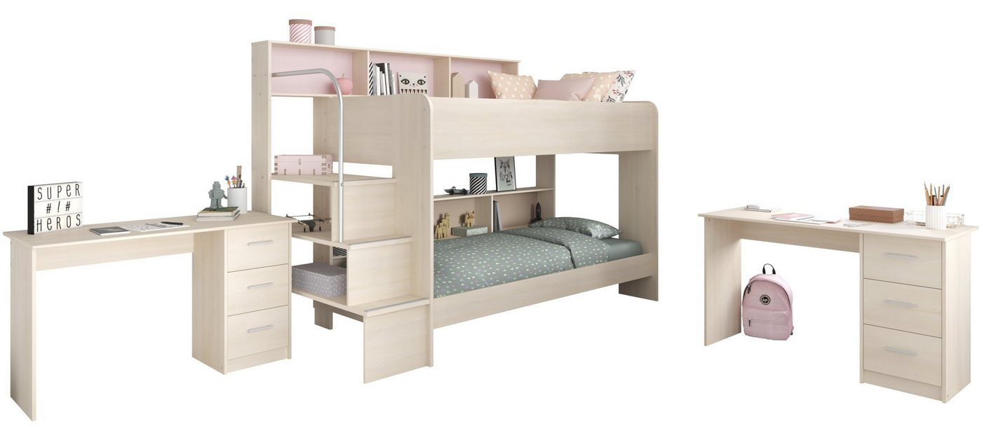 Faizee Möbel Jugendzimmer-Set Parisot Bibop 74 Etagenbett, Regalwand, 2 Schreibtische, (3-St) von Faizee Möbel