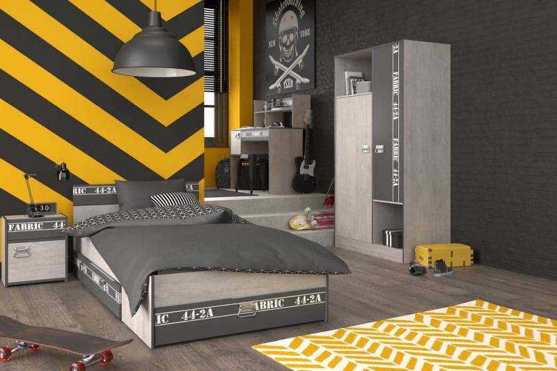 Faizee Möbel Jugendzimmer-Set Fabric 12 Parisot Jugendzimmer grau Schrank Bett Bettkasten NaKo Tisch, (5-tlg) von Faizee Möbel