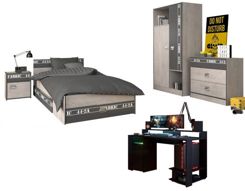 Faizee Möbel Jugendzimmer-Set Fabric 20 Parisot grau Kleiderschrank Bett Gamingtisch Nako SKkommode, (6-tlg) von Faizee Möbel