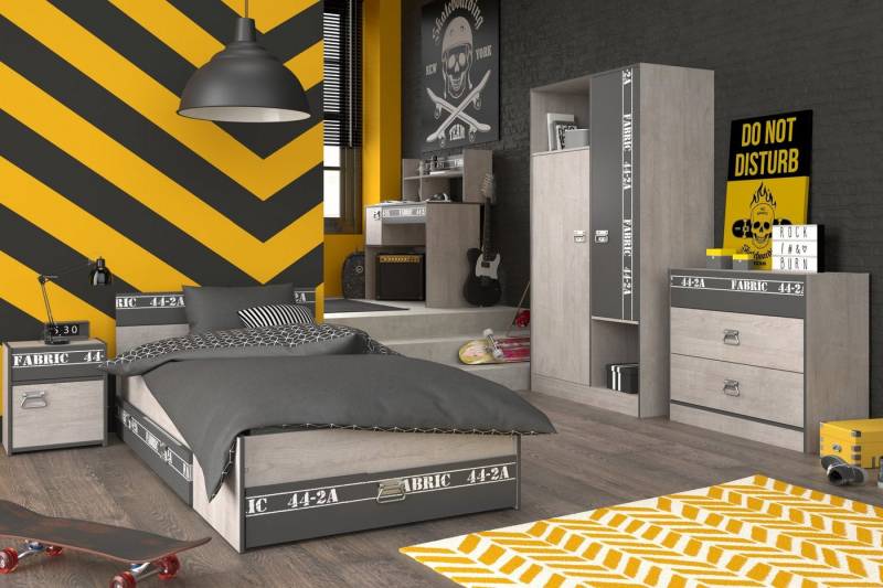 Faizee Möbel Jugendzimmer-Set Fabric 11 Parisot Kinderzimmer grau Schrank Bett Tisch Nako SK Kommode, (6-tlg) von Faizee Möbel
