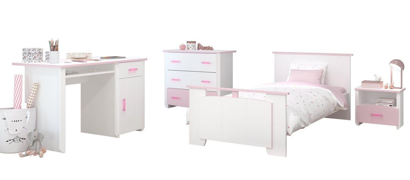 Faizee Möbel Jugendzimmer-Set Parisot Biotiful16 weiß/rosa Bett,Schreibtisch,Nachttisch,Kommode, (4-St) von Faizee Möbel