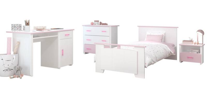 Faizee Möbel Jugendzimmer-Set Parisot Biotiful16 weiß/rosa Bett,Schreibtisch,Nachttisch,Kommode, (4-tlg) von Faizee Möbel