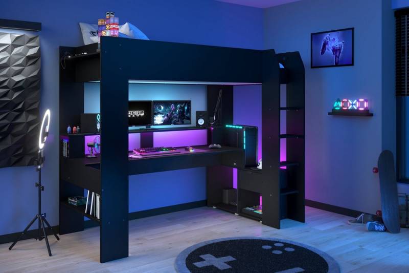 Faizee Möbel Jugendzimmer-Set Parisot Online 1 Hochbett Gamingtisch Jugendbett LED Schwarz von Faizee Möbel
