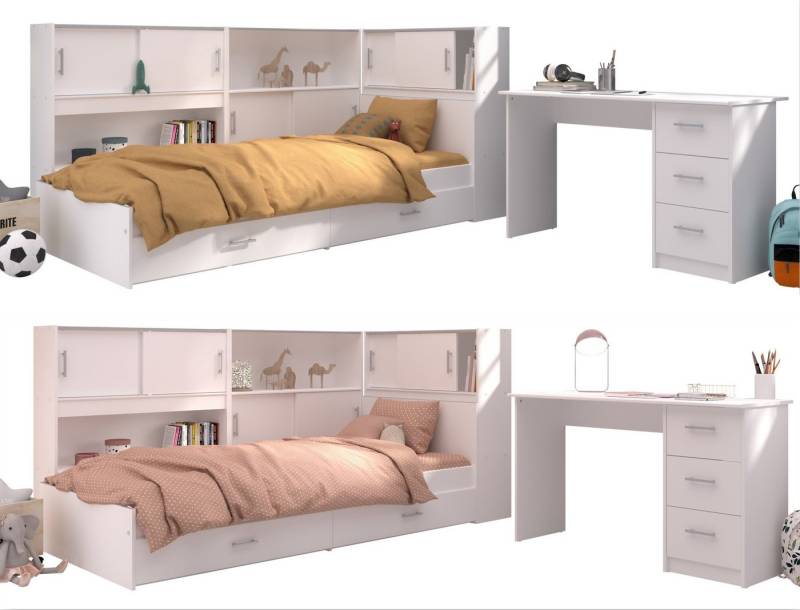 Faizee Möbel Jugendzimmer-Set Snoop 2 PARISOT Stauraumbett Weiß Regale Jugend/Kinderzimmer Tisch, (3-tlg) von Faizee Möbel