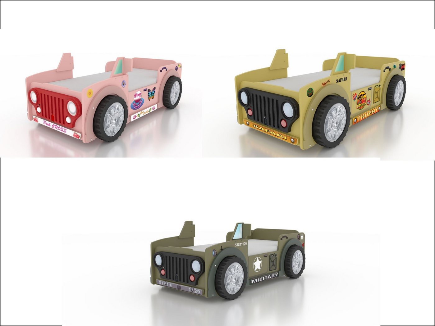Faizee Möbel Kinderbett [Jeep (Modell wählbar)] Kinderzimmerbett Militär/Grün/Pink 207x116x76 von Faizee Möbel