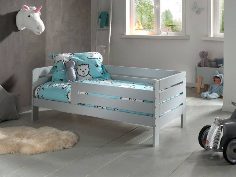 Faizee Möbel Kinderbett Juniorbett 70x140cm, Umrandung mit Sprossen, Kiefer massiv Weiß/Grau von Faizee Möbel