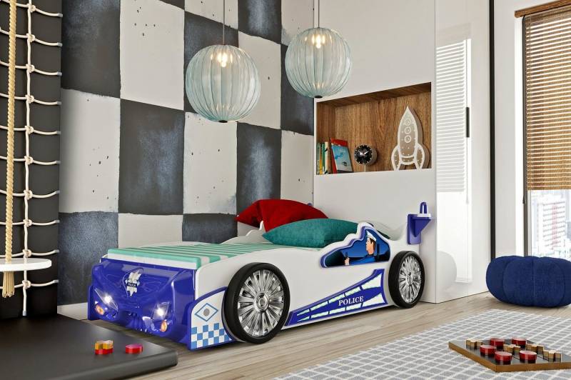 Faizee Möbel Kinderbett [Police] Kinderzimmerbett in Blau/Weiß Hochwertiges MDF 220x140x73 von Faizee Möbel