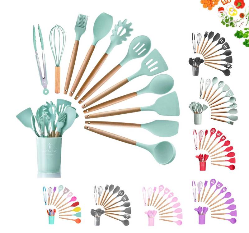 Faizee Möbel Kochbesteck-Set Küchenhelfer Set 12tlg Silikon Kochbesteck Holzgriff Küchenutensilien (12-tlg) von Faizee Möbel