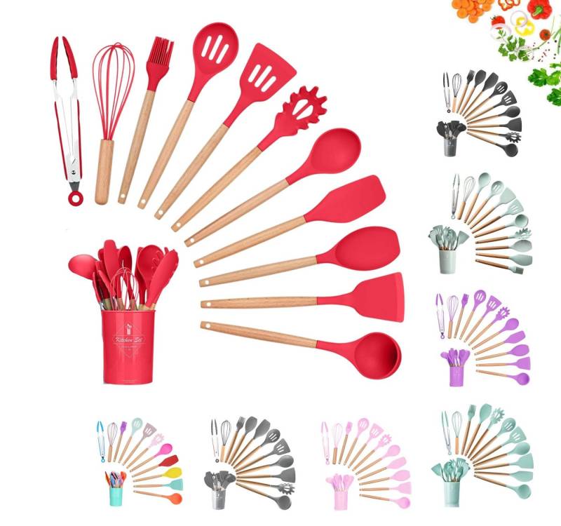 Faizee Möbel Kochbesteck-Set Küchenhelfer Set 12tlg Silikon Kochbesteck Holzgriff Küchenutensilien (12-tlg) von Faizee Möbel