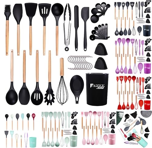 Faizee Möbel Küchenhelfer Set 38 tlg. – Silikon Kochbesteck mit Holzgriff, hitzebeständig & antihaft, Küchenutensilien Set in verschiedenen Farben, langlebig & hochwertig, Schwarz von Faizee Möbel