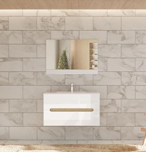 Faizee Möbel Aliyah Badmöbel Set 90 cm – Hochglanz Weiß & Eiche – 4-teiliges Badezimmer Set mit LED Spiegel, Waschbecken & Softclose Unterschrank von Faizee Möbel