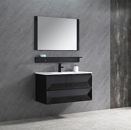 Faizee Möbel Miran Badmöbel Set 90 cm – Hochglanz Schwarz & Eiche – 4-teiliges Badezimmer Set mit LED Spiegel, Waschbecken & Softclose Unterschrank von Faizee Möbel