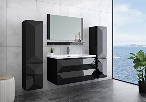 Faizee Möbel Miran Hochglanz Badmöbel Set mit Spiegel & Keramik-Waschbecken – Modernes 6-teiliges Badezimmer Set mit Soft-Close Unterschrank & 2 Seitenschränken (Miran Schwarz, 60 cm (Unterschrank)) von Faizee Möbel
