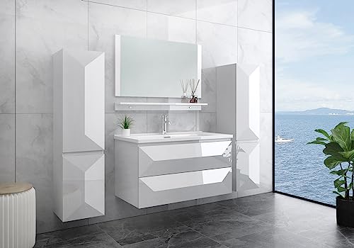 Faizee Möbel Miran Hochglanz Badmöbel Set mit Spiegel & Keramik-Waschbecken – Modernes 6-teiliges Badezimmer Set mit Soft-Close Unterschrank & 2 Seitenschränken (Miran Weiß, 60 cm (Unterschrank)) von Faizee Möbel