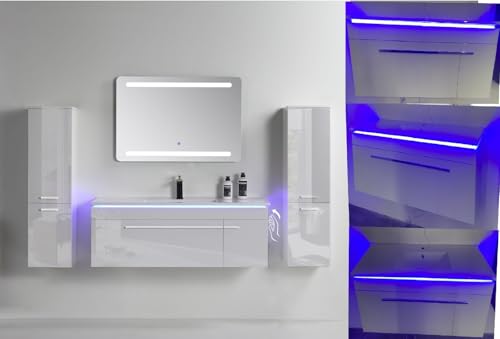 Faizee Home | Moderne Badmöbel in Hochglanz Weiß – LED-Spiegel, Soft-Close Waschtischunterschrank & Keramik-Waschbecken | 6-teiliges Badmöbel Set | 90 cm Unterschrank mit 1 Seitenschrank rechts von Faizee Möbel