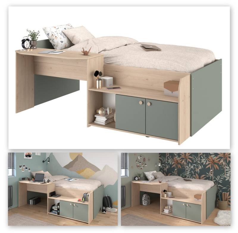 Faizee Möbel Stauraumbett Halbhohes Hochbett "Jade" Seladon Grün / Jackson-Eiche von Faizee Möbel
