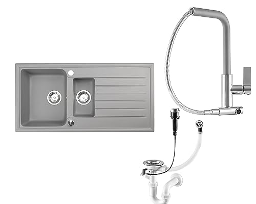 Granitspüle 100x50 cm 2 Becken mit Abtropffläche inklusive Zubehör-Set (SIDE Grau, Grau) von Faizee Möbel