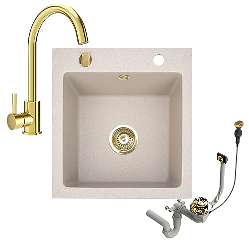 Faizee Möbel | Granitspüle 48x50 cm mit Armatur | Küchenspüle in Beige mit goldenem Siphon-Set | Hochwertiges & kratzfestes Granit Spülbecken für Unterschränke ab 45 cm von Faizee Möbel
