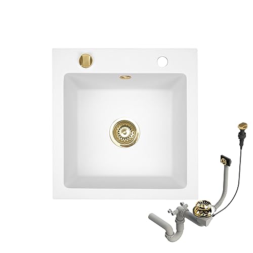 Granitspüle 48x50 Küchenspüle Gold Granit Spülbecken f. Unterschränke ab 45 cm inkl.Siphon Set (Ohne Armatur, Weiß) von Faizee Möbel