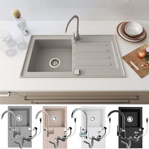 Faizee Home | Granitspüle Set 75x44 cm Grau – Beidseitig montierbare Küchenspüle mit Armatur in Chrom & Siphon | Hochwertiges Spülbecken aus Granit von Faizee Möbel