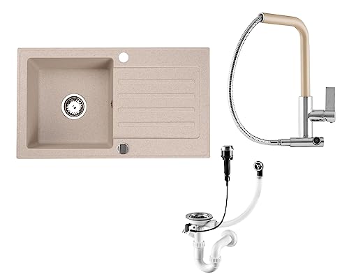 Faizee Möbel Granitspülen Set 75x44 beidseitig Montierbar Küchenspüle mit Armatur Side und Siphon Hochwertig Granit Beige von Faizee Möbel