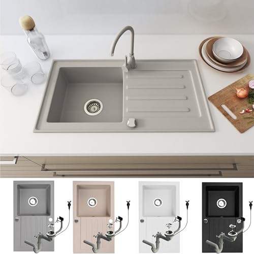 Faizee Granitspüle 75x44 cm in Grau – inklusive Armatur Side in Grau & Siphon – beidseitig montierbare Einbauspüle aus hochwertigem Granit – kratzfest & hitzebeständig von Faizee Möbel