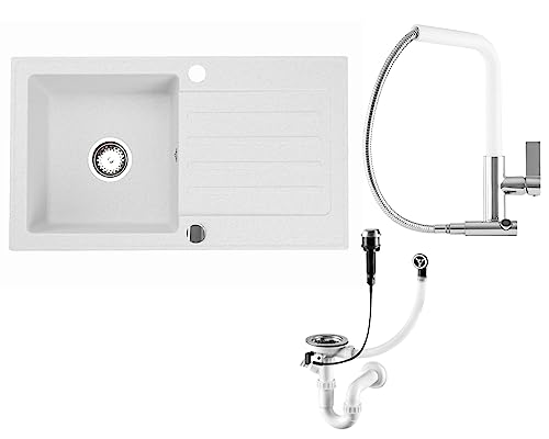 Faizee Granitspüle 75x44 cm in Weiß – inklusive Armatur Side in Weiß & Siphon – beidseitig montierbare Einbauspüle aus hochwertigem Granit – kratzfest & hitzebeständig von Faizee Möbel