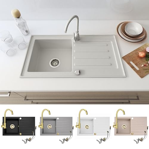 Faizee Möbel | Granitspüle 76x44 Weiß Spülbecken Küche mit Armatur Gold Küchenspüle Granit für Unterschränke ab 45 cm inkl. Goldenes Siphon Set Spülbecken mit Wasserhahn Spüle Küche Weiß von Faizee Möbel