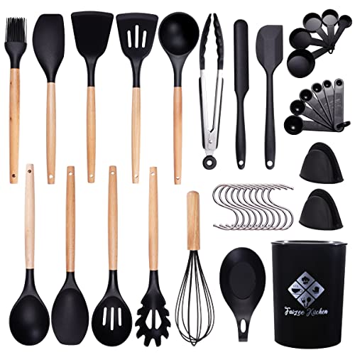 Faizee Möbel | 38-teiliges Küchenhelfer-Set aus Silikon mit Holzgriff | Schwarzes Kochbesteck & Küchenutensilien | Hitzebeständiges & BPA-freies Küchenzubehör | Spülmaschinenfest von Faizee Möbel