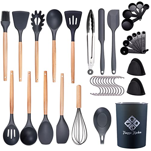 Faizee Möbel | 38-teiliges Küchenhelfer-Set aus Silikon mit Holzgriff | Dunkelgraues Kochbesteck & Küchenutensilien | Hitzebeständiges & BPA-freies Küchenzubehör | Spülmaschinenfest von Faizee Möbel