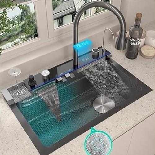 Faizee Home Wasserfall-Küchenspüle 75x45 cm – 1 Becken Nano Edelstahlspüle Schwarz mit Sprudelwasserhahn, 4-fach Armatur, Überlauf, Siphon, Ablaufgarnitur – modernes Spülbecken mit Zubehör von Faizee Möbel