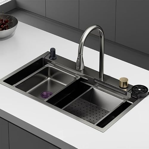 Faizee Home Wasserfall-Küchenspüle 75x45 cm – 1 Becken Neom Edelstahlspüle Schwarz mit Sprudelwasserhahn, 4-fach Armatur, Überlauf, Siphon, Ablaufgarnitur – modernes Spülbecken mit Zubehör von Faizee Möbel