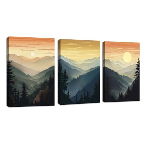 3 Pcs Boho Silhouetten Landschaft Leinwandbilder mit Rahmen, Sonnenaufgang Nebliger Wald Berg Wandbilder Grüne Schlafzimmer Bild Auf Leinwand Kunstdruck Deko für Wohnzimmer zum Aufhängen 40x60cmx3Pcs von FajerminArt