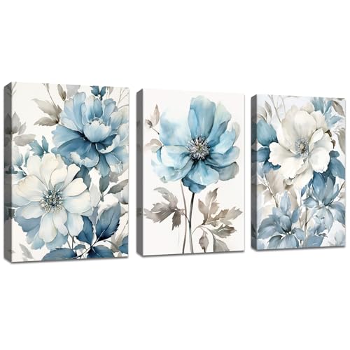 3 Pcs Leinwandbilder Bilder mit Rahmen Graue und blaue Blumen Tinte bild auf leinwand Wandkunst Modern Wandbilder Kunstdruck Deko für Wohnzimmer Schlafzimmer fertig zum Aufhängen 120x60cm(40x60x3) von FajerminArt