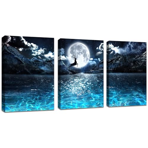 3 Pcs Leinwandbilder Bilder mit Rahmen Heller Mond auf blauem Ozean Nacht bild auf leinwand Wandkunst Wandbilder Kunstdruck Deko für Wohnzimmer Schlafzimmer fertig zum Aufhängen 120x60cm(40x60x3) von FajerminArt