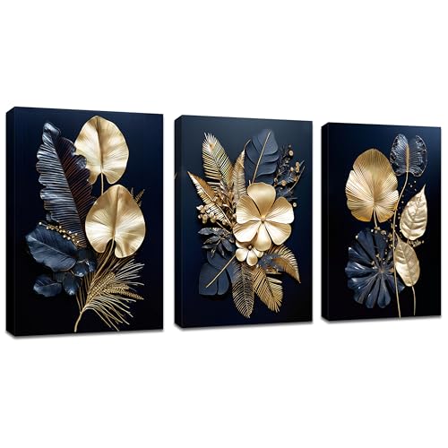 3 Pcs Leinwandbilder Bilder mit Rahmen Marineblau Gold Blumen Kokosnussblatt bild auf leinwand Wandkunst Wandbilder Kunstdruck Deko für Wohnzimmer Schlafzimmer fertig zum Aufhängen 120x60cm(40x60x3) von FajerminArt