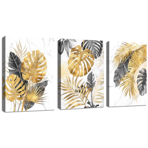 3 Pcs Leinwandbilder Bilder mit Rahmen Marmor Grau Gold Palme Blätter bild auf leinwand Wandkunst Modern Wandbilder Kunstdruck Deko für Wohnzimmer Schlafzimmer fertig zum Aufhängen 120x60cm(40x60x3) von FajerminArt