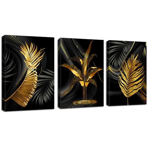 3 Teilig Goldenes Blatt Leinwandbilder Bilder Abstrakt Palmblatt Farn botanisch Blätter bild auf leinwand Wandkunst Modern Wandbilder Kunstdruck Deko für Wohnzimmer Schlafzimmer 150x70cm(50x70x3) von FajerminArt