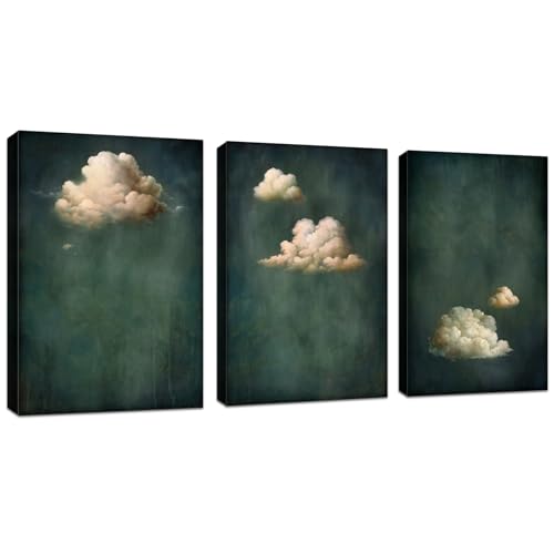 FajerminArt 3 Pcs Leinwandbilder Bilder mit Rahmen Minimalisti Dunkelgrüne und weiße Wolken bild auf leinwand Wandkunst Modern Wandbilder Kunstdruck Deko für Wohnzimmer Schlafzimmer 120x60cm(40x60x3) von FajerminArt