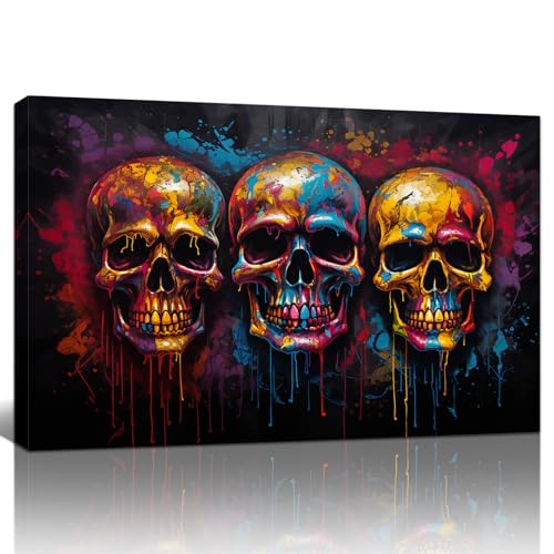 FajerminArt Graffiti Bunter Totenkopf Leinwand Bilder mit Rahmen Weinlese Skelett Bild auf Leinwand Bild Wandbilder XXL Kunstdruck Deko für Wohnzimmer Schlafzimmer fertig zum Aufhängen 90x60cm von FajerminArt