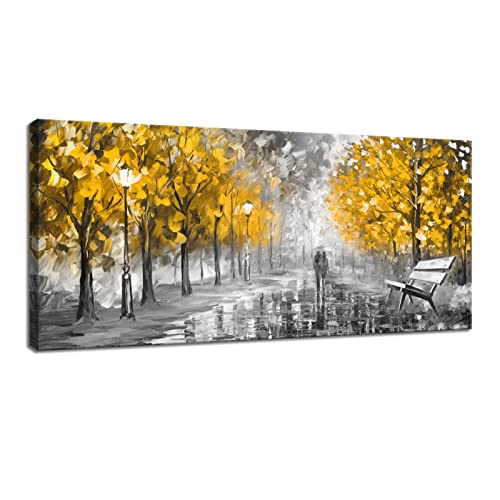 FajerminArt Modernes Großes Leinwand Bilder Mit Rahmen Abstrakte herbstlicher gelber Baum Leinwandbilder Wandkunst Leinwanddruck Wohnzimmer Schlafzimmer wanddeko fertig zum Aufhängen 50x120cm von FajerminArt