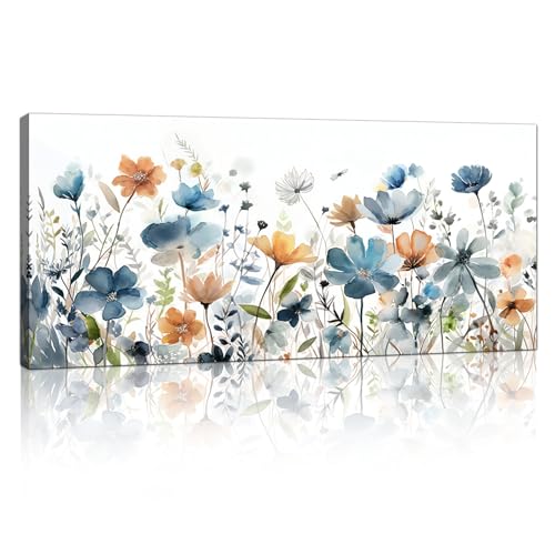 Mit Rahmen Großes Leinwandbilder Bilder Aquarell Marineblaue Wildblumen bild auf leinwand Wandkunst Modern Wandbilder XXL Kunstdruck Deko für Wohnzimmer Schlafzimmer fertig zum Aufhängen 120x50cm von FajerminArt