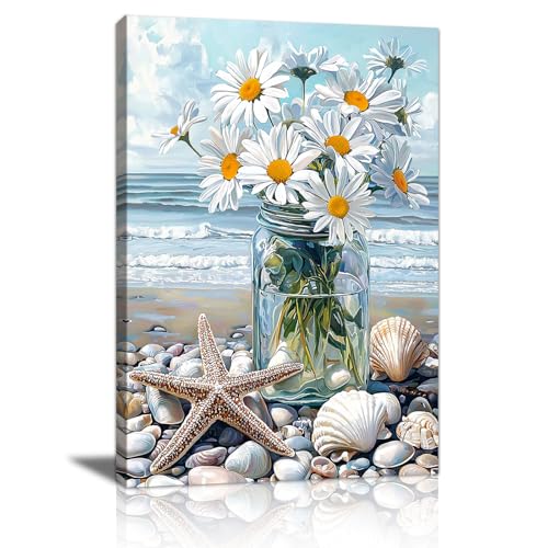 Strand Weiße Blumen in der Vase Leinwandbilder Bilder Mit Rahmen, Natur Blaue Küstenszenerie bild auf leinwand Wandkunst Modern Wandbilder Kunstdruck Deko für Wohnzimmer Schlafzimmer 40×60cm Strand Weiße Blumen in der Vase Leinwandbilder Bilder Mit Rahmen, Natur Blaue Küstenszenerie bild auf leinwand Wandkunst Modern Wandbilder Kunstdruck Deko für Wohnzimmer Schlafzimmer 40×60cm von FajerminArt