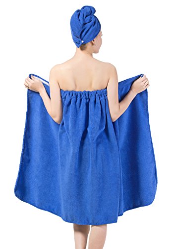 Damen Saunakilt Sauna Kilt Handtuch, Spa Bademantel Set Badetuch mit Haartrockentuch, Verstellbare Weite Saunasarong Saunatuch Mikrofaser Sarong Kilt Blau von FakeFace