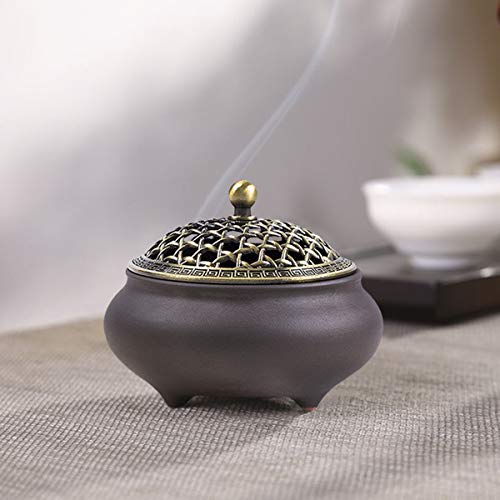 Keramik Weihrauchbrenner Räuchergefäß Räucherstäbchenhalter Halter Rund Chinesisch Porzellan Räucherschale mit Feuerfeste Matte und Metall Deckel für Home Deko Geschenk von FakeFace