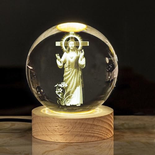 Leuchtenden Kristallkugel Nachtlicht 3D gravierte Jesus Figur Statue mit Holzsockel Farbwechsel Glaskugel religiöse Sammlung christliche katholische Kirche Zuhause Deko Geschenk von FakeFace