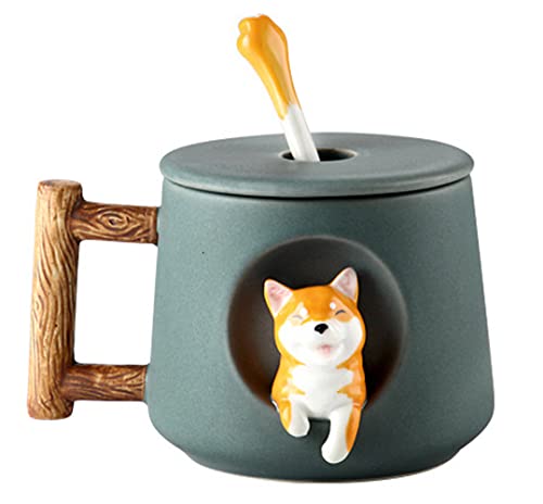 Süße Shiba Inu Kaffeetasse Teetasse Becher Geschirr 420ml Keramik Tasse mit Deckel und Löffel, Keramikbecher Kaffeebecher Porzellan Cappuccino Tasse Coffee Milk Tea Mug von FakeFace