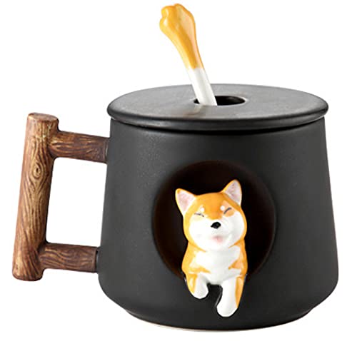 Süße Shiba Inu Kaffeetasse Teetasse Becher Geschirr 420ml Keramik Tasse mit Deckel und Löffel, Keramikbecher Kaffeebecher Porzellan Cappuccino Tasse Coffee Milk Tea Mug von FakeFace