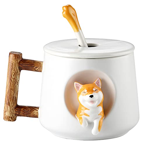 Süße Shiba Inu Kaffeetasse Teetasse Becher Geschirr 420ml Keramik Tasse mit Deckel und Löffel, Keramikbecher Kaffeebecher Porzellan Cappuccino Tasse Coffee Milk Tea Mug von FakeFace
