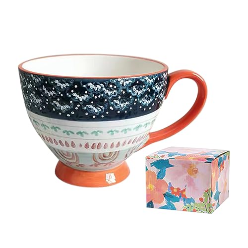 Vintage Teetasse Bunt Handbemalt Kaffeetasse Becher Geschirr Große Tasse Keramik Handgetöpfert Kaffeebecher Porzellan Cappuccino Tasse Coffee Milk Tea Mug 480ml (Bohemia-Blau) von FakeFace